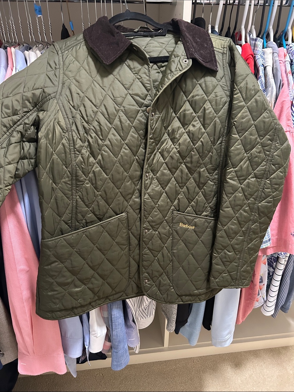 Barbour Olive Green Quilted women’s Puffer Jacket with Brown Corduroy Collar